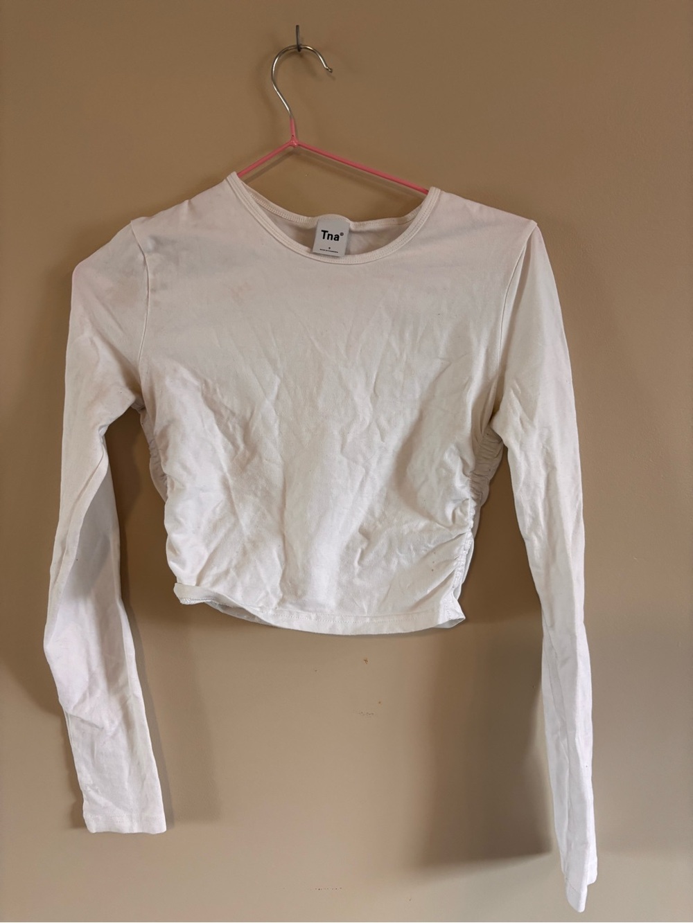 TNA White Long Sleeve Cropped Ruched Tee